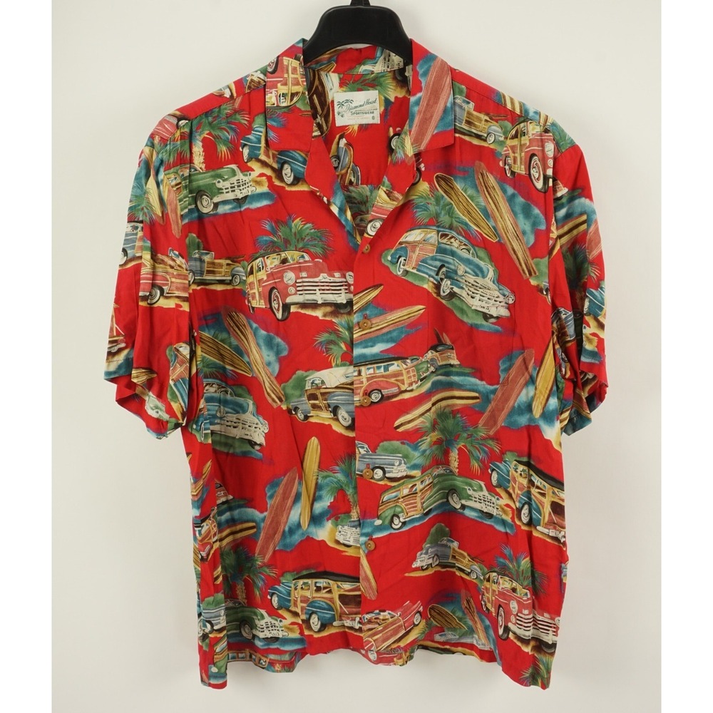 Vintage Diamond Head Sportswear Mens XL Red 50s Cars Wagons Surf‎ Hawaiian Shirt